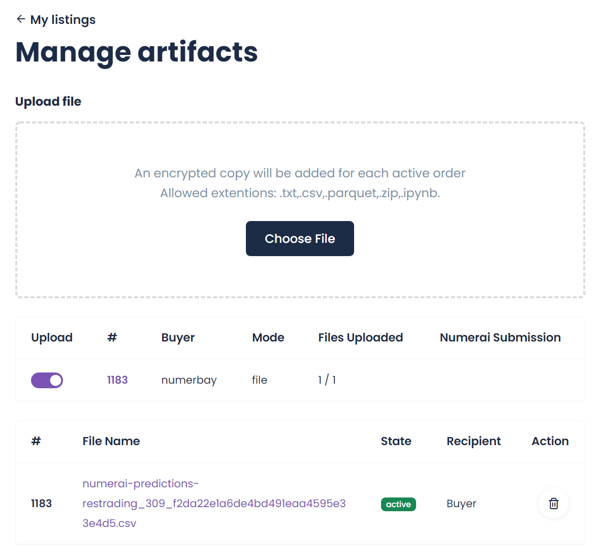 Listing Order Artifacts